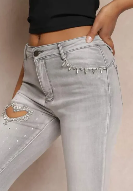 Jasnoszare Jeansy Skinny Push-Up z Wycięciem i Cyrkoniami Idomara