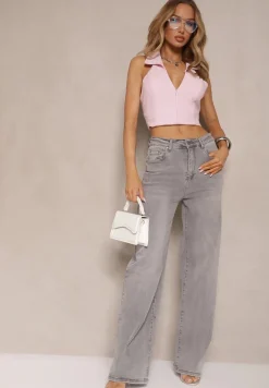 Jasnoszare Jeansy z Bawełny o Szerokim Kroju High Waist Ozdobione Przetarciami Silmoi