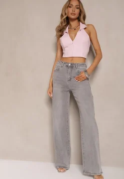Jasnoszare Jeansy z Bawełny o Szerokim Kroju High Waist Ozdobione Przetarciami Silmoi