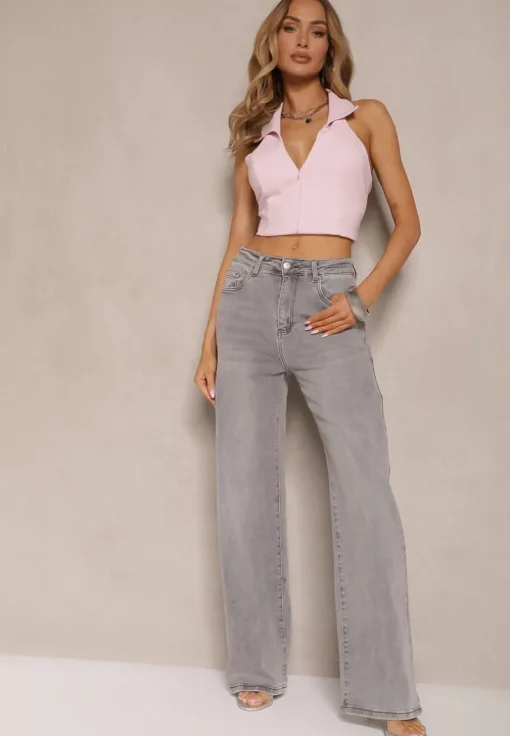 Jasnoszare Jeansy z Bawełny o Szerokim Kroju High Waist Ozdobione Przetarciami Silmoi