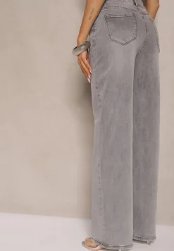 Jasnoszare Jeansy z Bawełny o Szerokim Kroju High Waist Ozdobione Przetarciami Silmoi