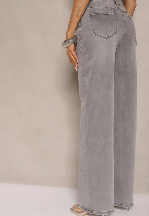 Jasnoszare Jeansy z Bawełny o Szerokim Kroju High Waist Ozdobione Przetarciami Silmoi