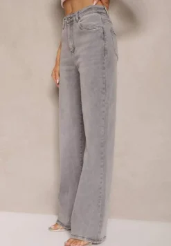 Jasnoszare Jeansy z Bawełny o Szerokim Kroju High Waist Ozdobione Przetarciami Silmoi