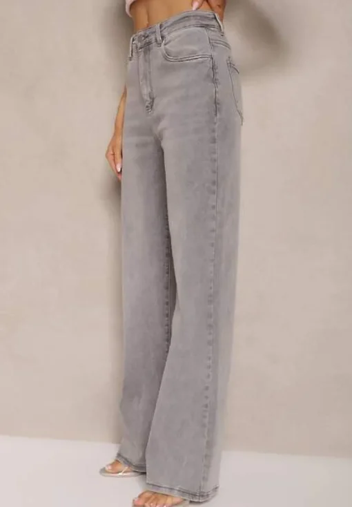 Jasnoszare Jeansy z Bawełny o Szerokim Kroju High Waist Ozdobione Przetarciami Silmoi