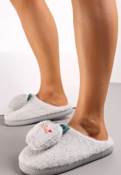 Jasnoszare Kapcie Ozdobione Naszywką Jabłuszkiem Anzerames