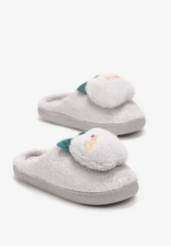 Jasnoszare Kapcie Ozdobione Naszywką Jabłuszkiem Anzerames