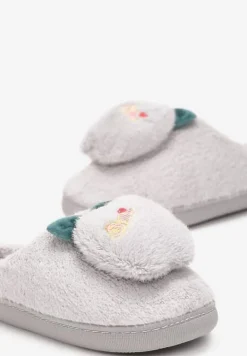Jasnoszare Kapcie Ozdobione Naszywką Jabłuszkiem Anzerames