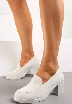 Jasnoszare Półbuty Mokasyny z Imitacji Zamszu na Słupku z Niską Platformą Lndine