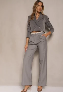 Jasnoszare Spodnie Garniturowe High Waist z Przeszyciami Variola