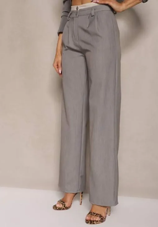 Jasnoszare Spodnie Garniturowe High Waist z Przeszyciami Variola