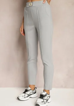 Jasnoszare Spodnie High Waist z Elastycznego Materiału Wykończone Gumką Rigadona