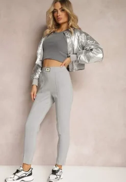 Jasnoszare Spodnie High Waist z Elastycznego Materiału Wykończone Gumką Rigadona