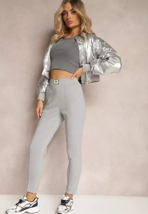Jasnoszare Spodnie High Waist z Elastycznego Materiału Wykończone Gumką Rigadona
