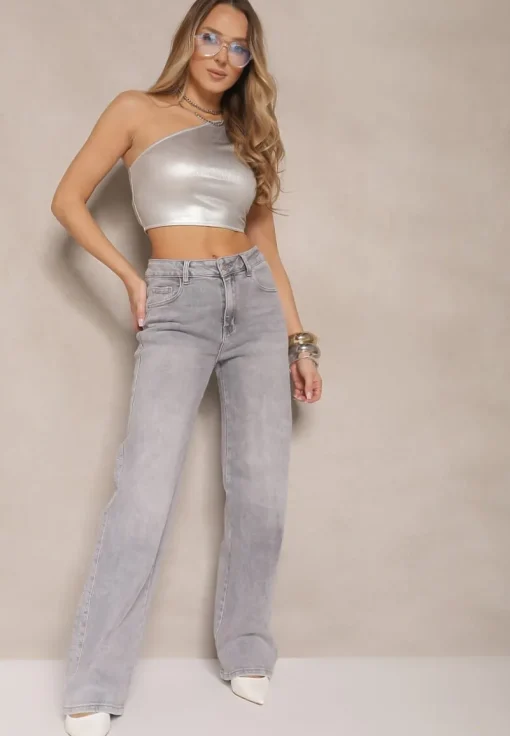 Jasnoszare Szerokie Jeansy z Bawełny High Waist Ozdobione Cyrkoniami Firlevia