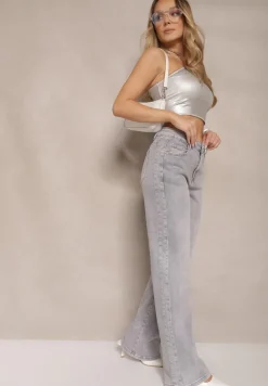 Jasnoszare Szerokie Jeansy z Bawełny High Waist Ozdobione Cyrkoniami Firlevia