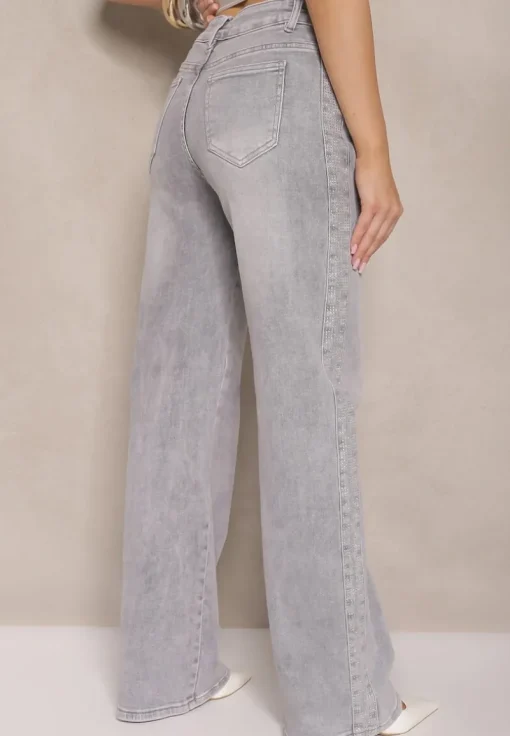 Jasnoszare Szerokie Jeansy z Bawełny High Waist Ozdobione Cyrkoniami Firlevia
