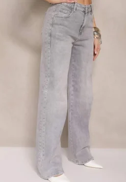 Jasnoszare Szerokie Jeansy z Bawełny High Waist Ozdobione Cyrkoniami Firlevia