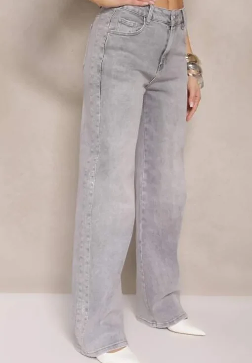 Jasnoszare Szerokie Jeansy z Bawełny High Waist Ozdobione Cyrkoniami Firlevia