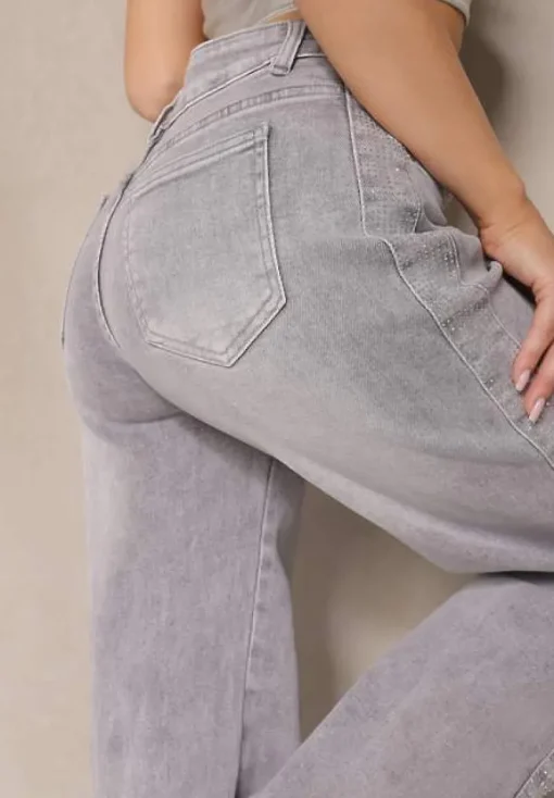 Jasnoszare Szerokie Jeansy z Bawełny High Waist Ozdobione Cyrkoniami Firlevia