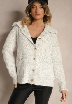 Jasnoszary Rozpinany Kardigan z Wiskozą Ozdobiony Kołnierzykiem Airevia