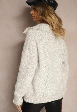 Jasnoszary Rozpinany Kardigan z Wiskozą Ozdobiony Kołnierzykiem Airevia