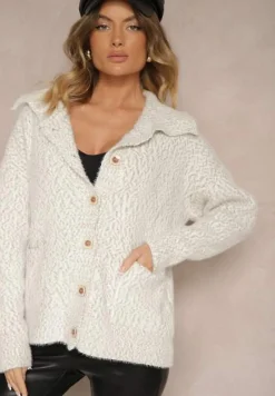 Jasnoszary Rozpinany Kardigan z Wiskozą Ozdobiony Kołnierzykiem Airevia