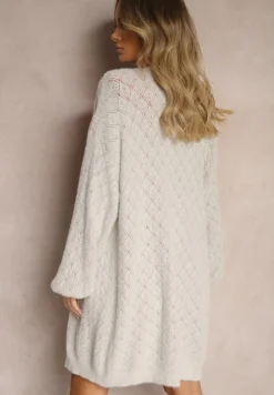 Jasnoszary Sweter o Długim Fasonie z Dekoltem V i Ozdobnym Splotem Jovima