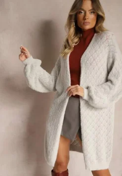 Jasnoszary Sweter o Długim Fasonie z Dekoltem V i Ozdobnym Splotem Jovima