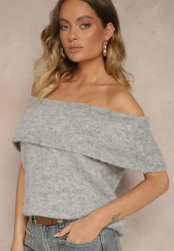 Jasnoszary Sweter Top z Hiszpańskim Wywijanym Dekoltem z Wełną Inarose