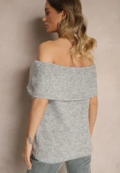 Jasnoszary Sweter Top z Hiszpańskim Wywijanym Dekoltem z Wełną Inarose