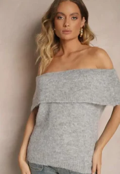 Jasnoszary Sweter Top z Hiszpańskim Wywijanym Dekoltem z Wełną Inarose