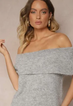 Jasnoszary Sweter Top z Hiszpańskim Wywijanym Dekoltem z Wełną Inarose