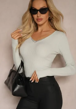 Jasnoszary Sweter z Prążkowanego Materiału z Cyrkoniami Irilis