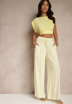 Jasnożółte Szerokie Spodnie High Waist z Gumką w Talii Ilnena