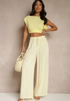 Jasnożółte Szerokie Spodnie High Waist z Gumką w Talii Ilnena