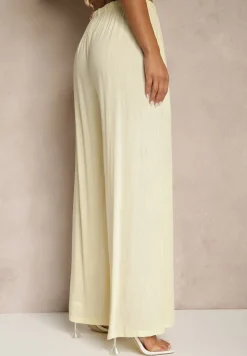 Jasnożółte Szerokie Spodnie High Waist z Gumką w Talii Ilnena