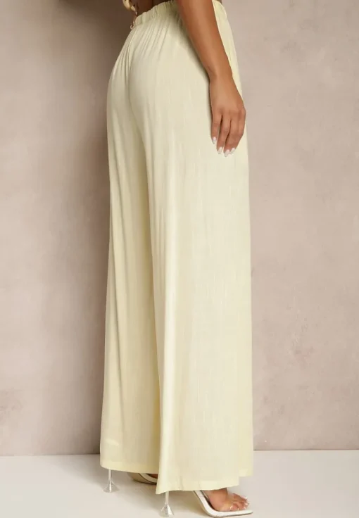 Jasnożółte Szerokie Spodnie High Waist z Gumką w Talii Ilnena