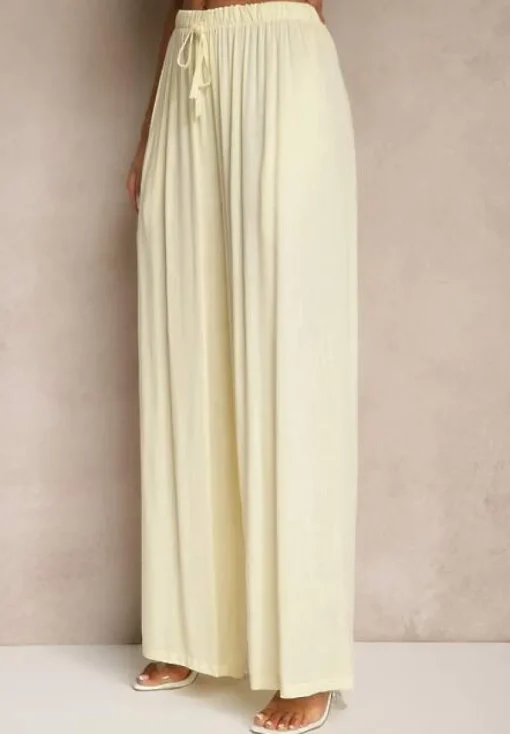 Jasnożółte Szerokie Spodnie High Waist z Gumką w Talii Ilnena