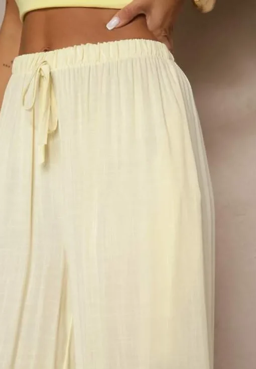 Jasnożółte Szerokie Spodnie High Waist z Gumką w Talii Ilnena