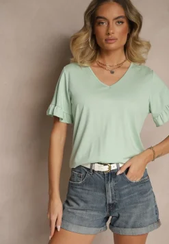 Jasnozielona Bluzka z Wiskozą z Falbankami i Dekoltem w Kształcie Litery V Alivaya