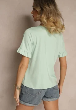 Jasnozielona Bluzka z Wiskozą z Falbankami i Dekoltem w Kształcie Litery V Alivaya