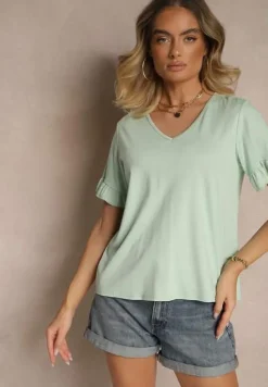 Jasnozielona Bluzka z Wiskozą z Falbankami i Dekoltem w Kształcie Litery V Alivaya