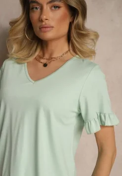 Jasnozielona Bluzka z Wiskozą z Falbankami i Dekoltem w Kształcie Litery V Alivaya