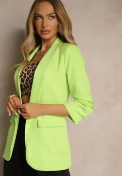 Jasnozielona Gładka Marynarka z Rękawami 7/8 i Klapami Adylia