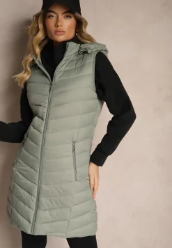 Jasnozielona Kamizelka z z Odpinanym Kapturem Ozdobiona Pikowaniem Ivathira