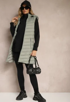 Jasnozielona Kamizelka z z Odpinanym Kapturem Ozdobiona Pikowaniem Ivathira