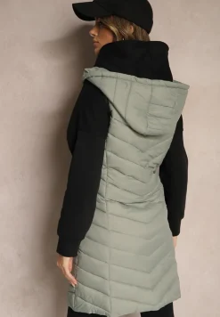 Jasnozielona Kamizelka z z Odpinanym Kapturem Ozdobiona Pikowaniem Ivathira