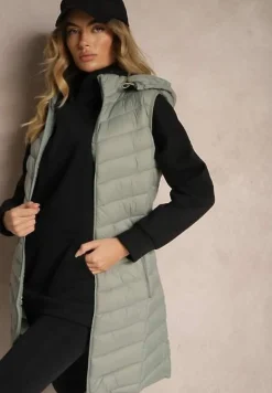 Jasnozielona Kamizelka z z Odpinanym Kapturem Ozdobiona Pikowaniem Ivathira