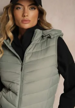 Jasnozielona Kamizelka z z Odpinanym Kapturem Ozdobiona Pikowaniem Ivathira