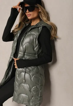 Jasnozielona Kamizelka z Kapturem Zapiana na Suwak z Kieszeniami Halimes